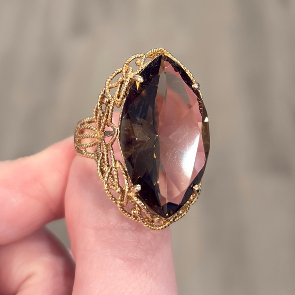 Vintage 10K Filigree Smoky Quartz Ring: Huge Marquis Bold Braided Gold Size 10.5 - Picture 5 of 11